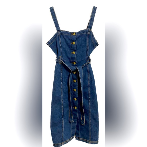 Divided by H&M Blue Denim Button-Up Dungaree Midi Dress w/ Waist Tie - 6 - Picture 1 of 8